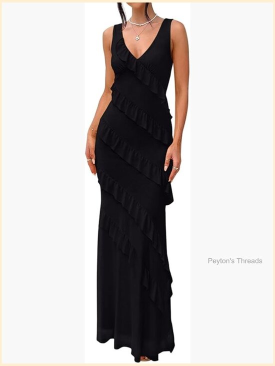 Dresses & Skirts - V Neck Mesh Maxi Cocktail Dress Bodycon Ruffle Backless Long Wedding Guest
